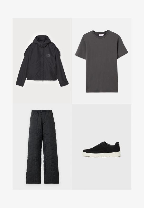 Juodas švarkas su kapišonu, pagamintas iš lygios medžiagos. Yra užtrauktukas priekyje, šoninės kišenės ir pečių akcentai. Paprastas dizainas su etikete.; Tamsiai pilkas trumpomis rankovėmis apvalaus kaklo marškinėliai su mažu baltu prekių ženklu vidinėje apykaklės pusėje, ant balto fono.; Juodos siuvinėjamos kelnės su laisvu siluetu, turinčios tekstūruotą raštą, elastinę juosmenį su diržu ir dvi šonines kišenes.; Juodos veliūrinės sportinės bateliai su raištelių dizainu ir kontrastinga balta gumine padais. Yra tekstūruoti šoniniai skydeliai ir subtilus logotipas ant kulno.