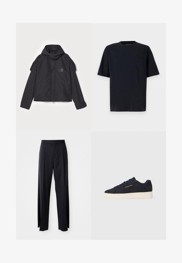 Musthaveheide mustaghuri hoodiga, valge catsosta. Omab esist zip ja külge taskud, õlavarre aksendid. Lihtne disain ja silt.; Tumedat puuvillast T-särk ümmarguse kaelusega, lühikeste varrukatega ja taskuga, millel on vasakul rinnal diskreetne 3D logo detail.; Mustad, kõrge vöökohtaga püksid laia säärte lõikega, valmistatud siledast kangast. Omab ees plekke ja vöörihmade jaoks silmuseid. Minimalistlik disain, nähtavat riistvara pole.; Tumedat sinine seemisnahast madala profiiliga tennis, valge tossutald, tumesinised paelad ning küljes kuldne "Filling Pieces" logo.