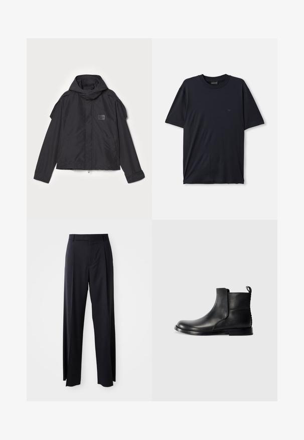 Melna jaka ar kapuci, izgatavota no gludas auduma. Aprīkota ar rāvējslēdzēju priekšā, sānu kabatām un plecu akcentiem. Vienkāršs dizains ar etiķeti.; Navy zila īsām piedurknēm T-kreklu, kas izgatavots no mīksta auduma, ar apaļu kakla izgriezumu un nelielu tumšu logotipu uz krūts.; Melnas, augstās vidukļa bikses ar platām kājām, izgatavotas no gludas auduma. Iezīmē priekšējās krokas un jostas cilpas. Minimalistisks dizains, bez redzamām detaļām.; Melnas ādas potītes zābaki ar noapaļotu pirkstu, elastīgām sānu paneļiem un teksturētu aizmuguri. Iespējas: plakana gumijas zole un vilkšanas cilpa.