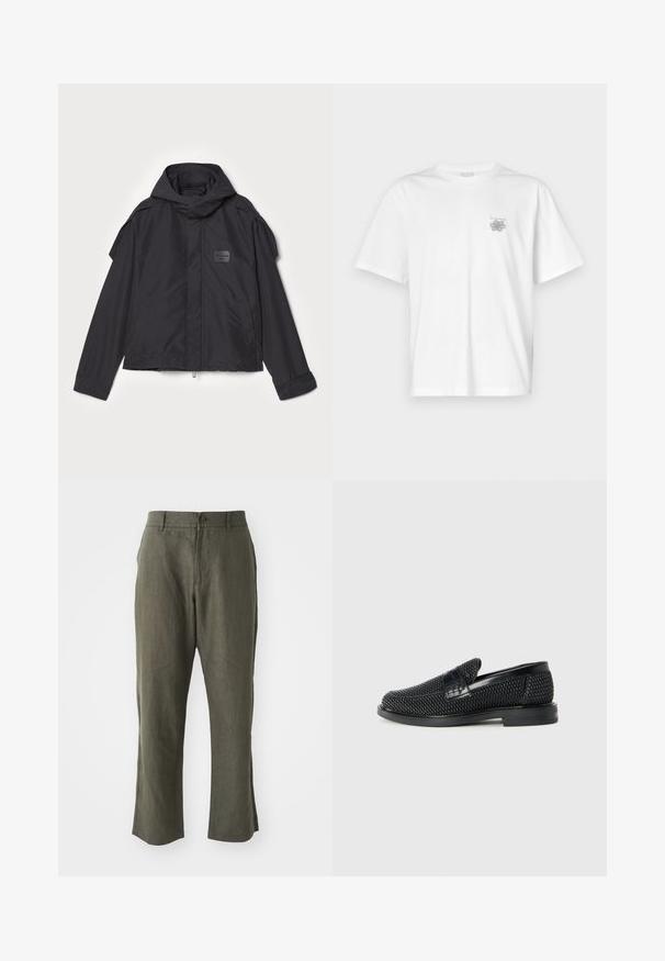 Čierna bunda s kapucňou, vyrobená z hladkej tkaniny. Obsahuje predný zips, bočné vrecká a ramenné akcenty. Jednoduchý dizajn so štítkom.; Biela tričko vyrobené z bavlny, s krátkymi rukávmi, okrúhlym výstrihom a malým šedým logom na oblasti ľavej hrude. Hladká textúra.; Ľanové nohavice v olivovej farbe, s rovný strihom, pútkom na opasok, predným uzatváraním na gombík a bočnými vreckami. Hladká textúra, minimalistický dizajn.; Čierne tkané slip-on topánky s hladkým koženým akcentom na vrchnej časti, s okrúlym dizajnom špičky a nízkoprofilovou gumovou podrážkou.