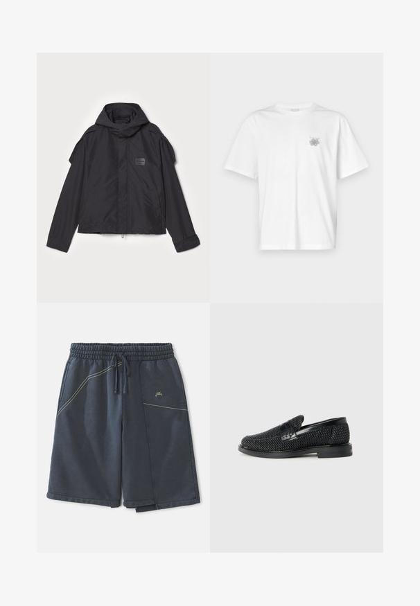 Black jacket with a hood, made of smooth fabric. Features a zip front, side pockets, and shoulder accents. Simple design with a label.; White t-shirt made of cotton featuring short sleeves, a crew neck, and a small gray logo on the left chest area. Smooth texture.; Dark gray shorts made of cotton blend, featuring an elastic waistband, drawstring, side pockets, and yellow stitch accents.; Black woven slip-on shoe with a smooth leather accent on the upper, a round toe design, and a low-profile rubber sole.