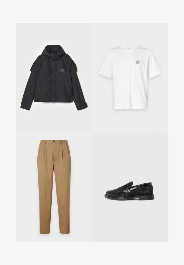 Musthaveheide mustaghuri hoodiga, valge catsosta. Omab esist zip ja külge taskud, õlavarre aksendid. Lihtne disain ja silt.; Valge puuvillane T-särk lühikeste varrukatega, ümmarguse kaelusega ja väike hall logo vasakul rinnaosal. Sile tekstuur.; Kreemjad pleedid püksid sirge lõikega, valmistatud siledast kangast. Omavad eesmist nööp sulgemist ja küljetaskuid.; Must musta kootud slip-on king, millel on pehme nahast accent ülaserval, ümmargune varvas ja madal profiiliga kummitald.