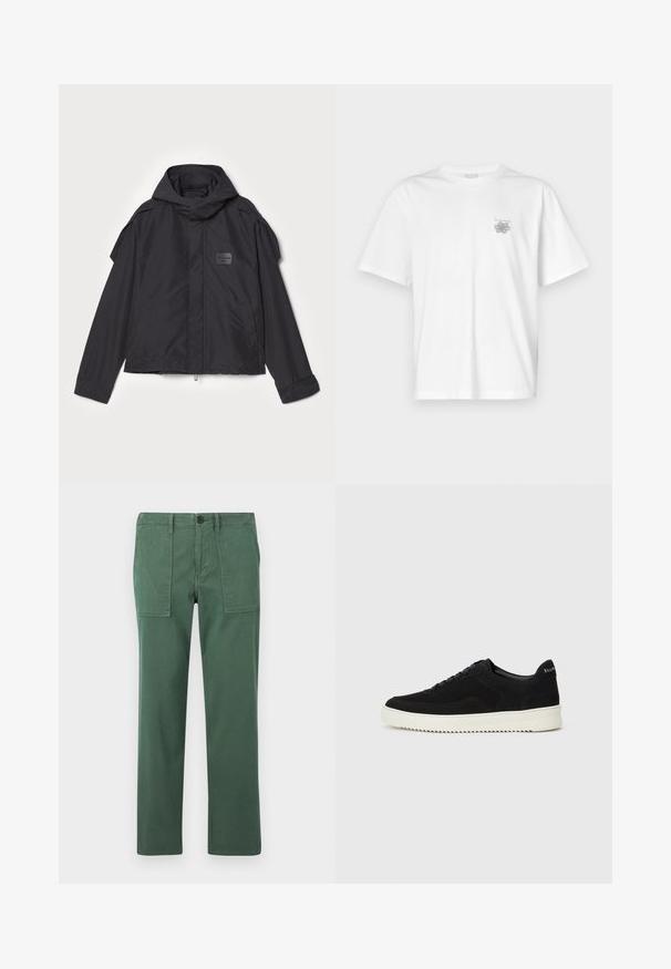 Mustatakki hupulla, valmistettu sileästä kankaasta. Ominaisuuksiin kuuluu vetoketjukiinnitys edessä, sivutaskut ja olkakorostukset. Yksinkertainen muotoilu, jossa on etiketti.; Valkoinen puuvillapaita, jossa on lyhyet hihat, pyöreä kaula-aukko ja pieni harmaa logo vasemmassa rintataskussa. Täydellinen sileä rakenne.; Vihreät puuvillahousut, joissa on suora lahje, kaksi etutaskua ja nappikiinnitys. Sujuva pinta ja rento tyyli.; Mustat mokkakengät nauhoilla ja kontrastivalkoisella kumipohjalla. Varustettu teksturoiduilla sivupaneeleilla ja huomaamattomalla brändäyksellä kantapäässä.