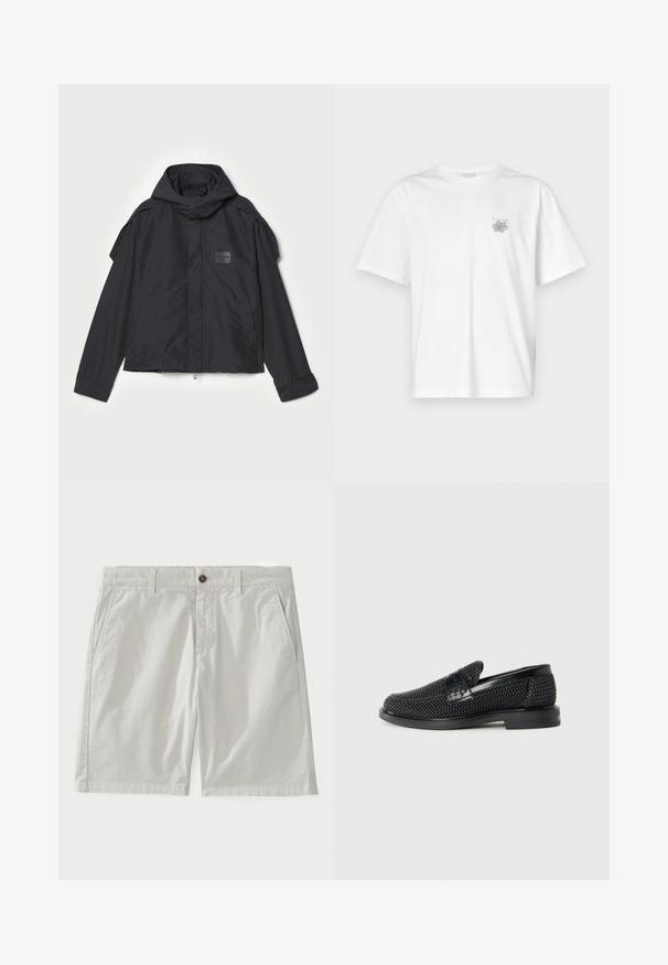 Czarna kurtka z kapturem, wykonana z gładkiego materiału. Posiada zamek z przodu, boczne kieszenie i akcenty na ramionach. Prosty design z metką.; Biała koszulka z bawełny z krótkimi rękawami, okrągłym dekoltem i małym szarym logo po lewej stronie klatki piersiowej. Gładka tekstura.; Białe bawełniane szorty z zapięciem na guzik, szlufkami na pasek i bocznymi kieszeniami. Materiał wydaje się gładki, o klasycznym, dopasowanym kroju.; Czarny, pleciony but wsuwany z gładkim skórzanym akcentem na cholewce, o okrągłym nosku i niskoprofilowej gumowej podeszwie.