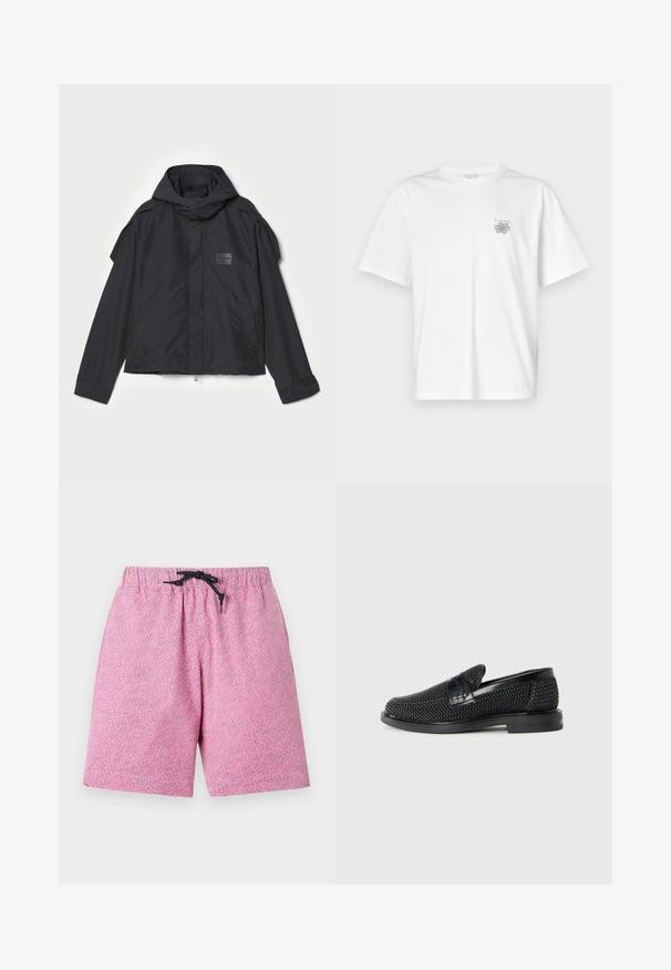 Musthaveheide mustaghuri hoodiga, valge catsosta. Omab esist zip ja külge taskud, õlavarre aksendid. Lihtne disain ja silt.; Valge puuvillane T-särk lühikeste varrukatega, ümmarguse kaelusega ja väike hall logo vasakul rinnaosal. Sile tekstuur.; Roosa mustriga bikiinipüksid elastse vöökoha ja musta nööriga. Materjal tundub kerge ja tekstuuriga pinnaga.; Must musta kootud slip-on king, millel on pehme nahast accent ülaserval, ümmargune varvas ja madal profiiliga kummitald.