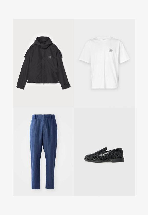 Black jacket with a hood, made of smooth fabric. Features a zip front, side pockets, and shoulder accents. Simple design with a label.; White t-shirt made of cotton featuring short sleeves, a crew neck, and a small gray logo on the left chest area. Smooth texture.; Navy blue linen trousers with a relaxed fit, elastic waistband, and tapered legs. Features smooth texture and minimal stitching details.; Black woven slip-on shoe with a smooth leather accent on the upper, a round toe design, and a low-profile rubber sole.
