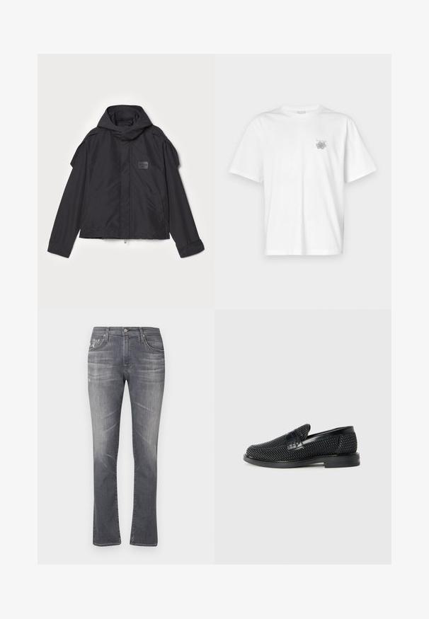 Μαύρο μπουφάν με κουκούλα, κατασκευασμένο από λεία ύφανση. Διαθέτει φερμουάρ μπροστά, πλάγιες τσέπες και διακρίσεις στους ώμους. Απλός σχεδιασμός με ετικέτα.; Λευκό μπλουζάκι από βαμβάκι με κοντά μανίκια, στρογγυλή λαιμόκοψη και μικρό γκρίζο λογότυπο στην αριστερή περιοχή του στήθους. Λείο υφασμά.; Γκρίζα τζιν παντελόνια με ίσια γραμμή, που διαθέτουν διακριτικές φθορές και κλασικό σχέδιο πέντε τσέπες. Ολοκληρωμένα με κούμπωμα.; Μαύρο πλεκτό παπούτσι slip-on με λείο δερμάτινο στοιχείο στο άνω μέρος, στρογγυλή μύτη και χαμηλό καουτσούκ πάτο.