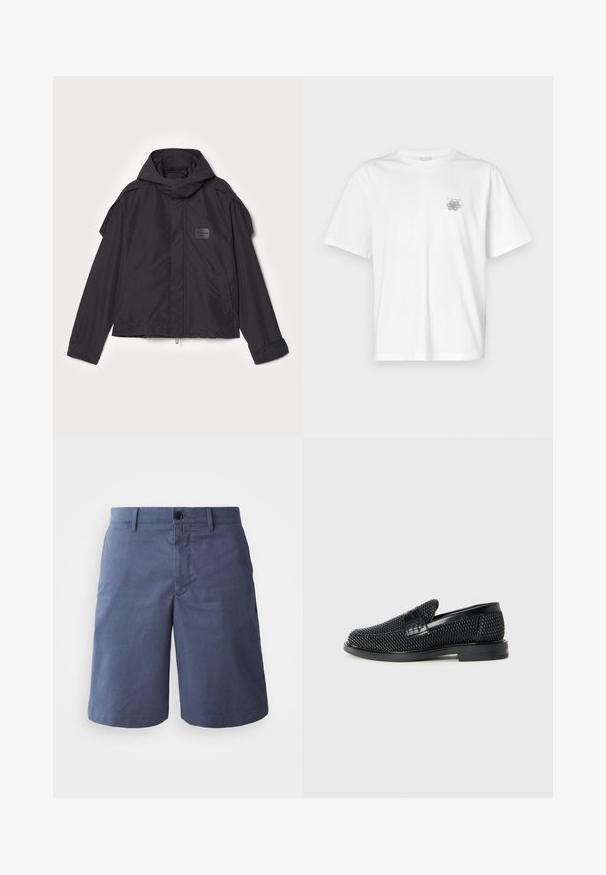 Mustatakki hupulla, valmistettu sileästä kankaasta. Ominaisuuksiin kuuluu vetoketjukiinnitys edessä, sivutaskut ja olkakorostukset. Yksinkertainen muotoilu, jossa on etiketti.; Valkoinen puuvillapaita, jossa on lyhyet hihat, pyöreä kaula-aukko ja pieni harmaa logo vasemmassa rintataskussa. Täydellinen sileä rakenne.; Tummansinisiä puuvillashortseja, joissa on tasainen etuosa, yksi nappisuljenta, kaksi sivutaskua ja suora lahkeensuu. Sileä pinta, ilman näkyviä kuvioita.; Musta kudottu liukupohjallinen kenka, jossa on sileä nahkakorostus päällisessä, pyöreä kärki ja matala kumipohja.