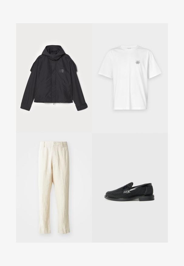 Mustatakki hupulla, valmistettu sileästä kankaasta. Ominaisuuksiin kuuluu vetoketjukiinnitys edessä, sivutaskut ja olkakorostukset. Yksinkertainen muotoilu, jossa on etiketti.; Valkoinen puuvillapaita, jossa on lyhyet hihat, pyöreä kaula-aukko ja pieni harmaa logo vasemmassa rintataskussa. Täydellinen sileä rakenne.; Beige liinakankaiset housut, joissa on väljät lahkeet, kapeneva malli ja tasainen etuosa. Varustettu mukavalla joustavalla vyötäröllä ja vähäisillä sauman yksityiskohdilla.; Musta kudottu liukupohjallinen kenka, jossa on sileä nahkakorostus päällisessä, pyöreä kärki ja matala kumipohja.