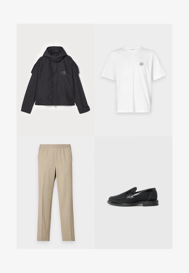 Melna jaka ar kapuci, izgatavota no gludas auduma. Aprīkota ar rāvējslēdzēju priekšā, sānu kabatām un plecu akcentiem. Vienkāršs dizains ar etiķeti.; Baltas kokvilnas T-krekls ar īsām piedurknēm, apaļu dekoltē un mazu pelēku logo kreisajā krūšu daļā. Gluda tekstūra.; Filippa K THEO - Auduma bikses - sage melange; Melnas austas slaidu kurpes ar gludu ādas akcentu augšpusē, apaļas formas purngalu un zemas profila gumijas zoli.