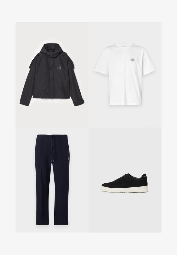 Fekete kapucnis dzseki, sima anyagból készült. Elöl zipzárral záródik, oldalsó zsebekkel és vállrész kiemelésekkel rendelkezik. Egyszerű dizájn jellemzi, címkével.; Fehér pamut póló rövid ujjakkal, kerek nyakkal, és egy kis szürke logóval a bal mellrészen. Sima tapintású.; Tengerészekhez hasonló, lazán szabott nadrág, állítható derékmegoldással és oldalsó zsebekkel. Simaság és diszkrét elülső redők jellemzik, valamint logó részlettel rendelkezik.; Fekete velúr sportcipő fűzős dizájnnal és kontrasztos fehér gumitalppal. Jellemzői a textúrázott oldalpanelek és a diszkrét logó a sarokon.