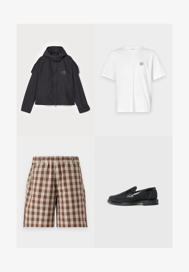 Černá bunda s kapucí, vyrobená z hladké tkaniny. Obsahuje zapínání na zip vpředu, boční kapsy a akcenty na ramenou. Jednoduchý design s štítkem.; Bílá bavlněná trička s krátkým rukávem, kulatým výstřihem a malým šedým logem na levé části hrudi. Hladká textura.; Hnědé kostkované šortky s elastickým pasem, s jemným béžovým vzorem a bočními kapsami. Vyrobené z lehkého materiálu.; Černé pletené nazouvací boty s hladkým koženým akcentem na svršku, kulatou špičkou a nízkoprofilovou gumovou podrážkou.