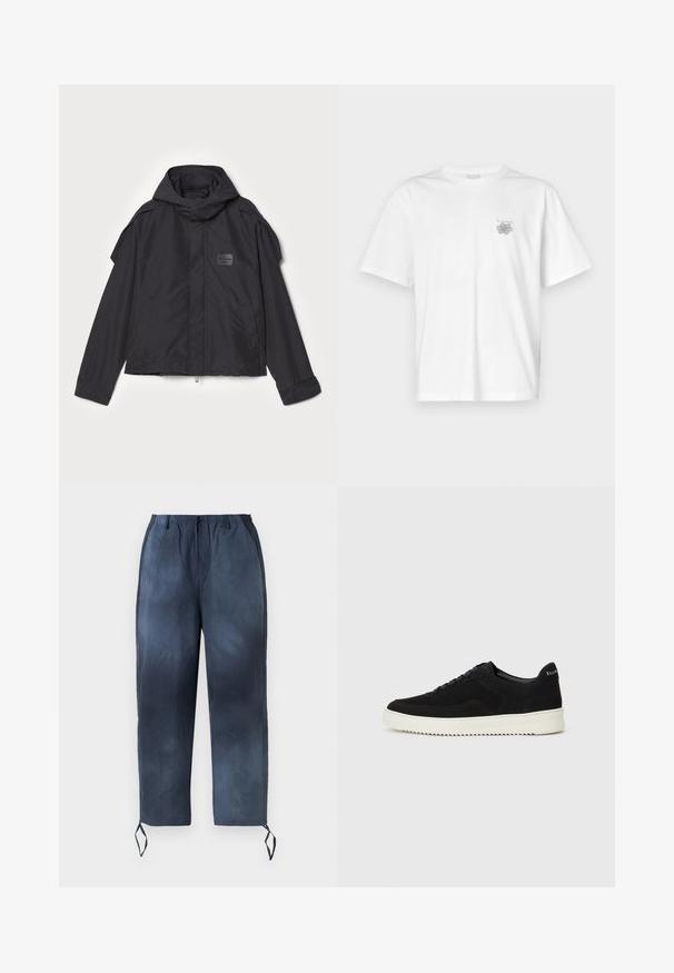 Čierna bunda s kapucňou, vyrobená z hladkej tkaniny. Obsahuje predný zips, bočné vrecká a ramenné akcenty. Jednoduchý dizajn so štítkom.; Biela tričko vyrobené z bavlny, s krátkymi rukávmi, okrúhlym výstrihom a malým šedým logom na oblasti ľavej hrude. Hladká textúra.; Námornícke modré nohavice so šnúrkou v páse a elastickým pásom, s dvoma bočnými vreckami a viazaním na členkoch, zobrazené na bielom pozadí.; Čierne semišové tenisky s šnurovacím dizajnom a kontrastnou bielou gumovou podrážkou. Obsahujú štruktúrované bočné panely a jemné logo na päte.