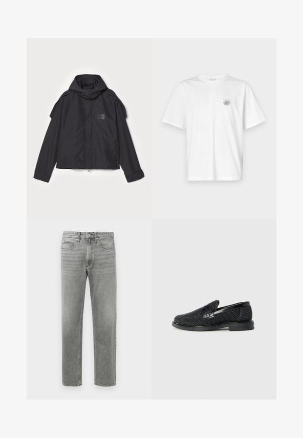 Melna jaka ar kapuci, izgatavota no gludas auduma. Aprīkota ar rāvējslēdzēju priekšā, sānu kabatām un plecu akcentiem. Vienkāršs dizains ar etiķeti.; Baltas kokvilnas T-krekls ar īsām piedurknēm, apaļu dekoltē un mazu pelēku logo kreisajā krūšu daļā. Gluda tekstūra.; Pelēki džinsi ar taisnu kāju griezumu, ar klasisku piecu kabatu dizainu un smalku izbalēšanu, lai piešķirtu tekstūru. Standarta rāvējslēdzēja aizdare.; Melnas austas slaidu kurpes ar gludu ādas akcentu augšpusē, apaļas formas purngalu un zemas profila gumijas zoli.