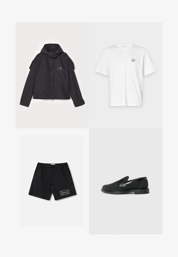 Sort jakke med hætte, lavet af glat stof. Har lynlåslukning foran, sidelommer og skulderdetaljer. Simpel design med et mærke.; Hvid t-shirt lavet af bomuld med korte ærmer, rund halsudskæring og et lille gråt logo på venstre brystområde. Glat tekstur.; Sorte badeshorts med elastisk linning og snøre. Har en grøn blomstret kant med teksten "Rivolia" på venstre ben.; Sort vævet slip-on sko med en glat læderdetalje på overdelen, en rund tådesign og en lavprofil gummisål.