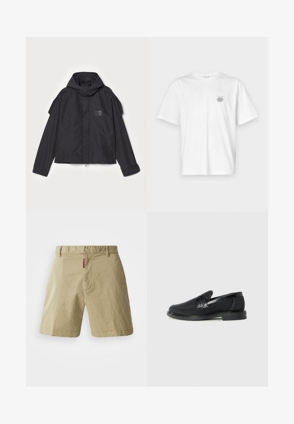 Černá bunda s kapucí, vyrobená z hladké tkaniny. Obsahuje zapínání na zip vpředu, boční kapsy a akcenty na ramenou. Jednoduchý design s štítkem.; Bílá bavlněná trička s krátkým rukávem, kulatým výstřihem a malým šedým logem na levé části hrudi. Hladká textura.; Bežové bavlněné kraťasy s hladkým předním dílem, knoflíkovým zapínáním a poutky na opasek. Mají jemnou strukturu a malou červenou značkovou etiketou na pase.; Černé pletené nazouvací boty s hladkým koženým akcentem na svršku, kulatou špičkou a nízkoprofilovou gumovou podrážkou.