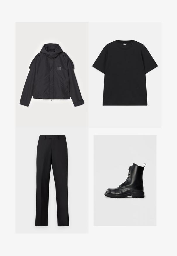 Black jacket with a hood, made of smooth fabric. Features a zip front, side pockets, and shoulder accents. Simple design with a label.; Black short-sleeve t-shirt made of cotton, featuring a round neckline and a small logo detail near the hem. Smooth texture, regular fit.; Black, straight-leg trousers made of smooth fabric. Features a standard waistband and no visible patterns or accents.; Black leather lace-up boot with thick sole and pull tab on a plain light background, side view showing left boot.