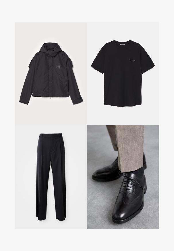 Musthaveheide mustaghuri hoodiga, valge catsosta. Omab esist zip ja külge taskud, õlavarre aksendid. Lihtne disain ja silt.; Must musta T-särk, ümar kaelus, lühikesed varrukad ja valge logo trükk vasakul rinnal. Lihtne, ühtlane värvitoon.; Mustad, kõrge vöökohtaga püksid laia säärte lõikega, valmistatud siledast kangast. Omab ees plekke ja vöörihmade jaoks silmuseid. Minimalistlik disain, nähtavat riistvara pole.; Mustad nahast kleitkingad, millel on brogue-dekoreering, terav nina, paeltega disain ja sile tekstuur; koos heledate pruunide pükstega.