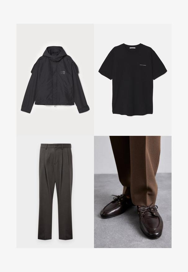 Giacca nera con cappuccio, realizzata in tessuto liscio. Presenta una chiusura frontale con zip, tasche laterali e dettagli sulle spalle. Design semplice con un'etichetta.; T-shirt in cotone nero con collo rotondo, maniche corte e stampa bianca del logo sul lato sinistro del petto. Design semplice e monocromatico.; Pantaloni grigi scuri realizzati in tessuto testurizzato, con fronte piatto, pince, gambe dritte e passanti per cintura. Nessuna ferramenta o motivo visibile.; Bally PATHY - Stringate - ebano