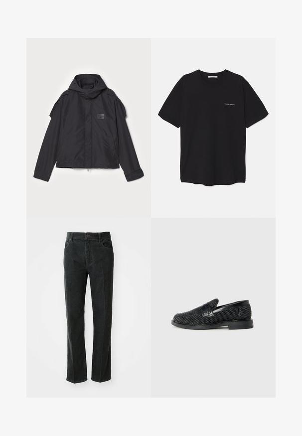 Čierna bunda s kapucňou, vyrobená z hladkej tkaniny. Obsahuje predný zips, bočné vrecká a ramenné akcenty. Jednoduchý dizajn so štítkom.; Čierne bavlnené tričko s okrúhlym výstrihom, krátkymi rukávmi a bielou potlačou loga na ľavej hrudi. Jednoduchý, jednoliaty dizajn.; Čierne kordové nohavice s rovnými nohavicami, vybavené gombíkovým zapínaním, dvoma prednými vreckami a vertikálnou ribovanou textúrou.; Čierne tkané slip-on topánky s hladkým koženým akcentom na vrchnej časti, s okrúlym dizajnom špičky a nízkoprofilovou gumovou podrážkou.