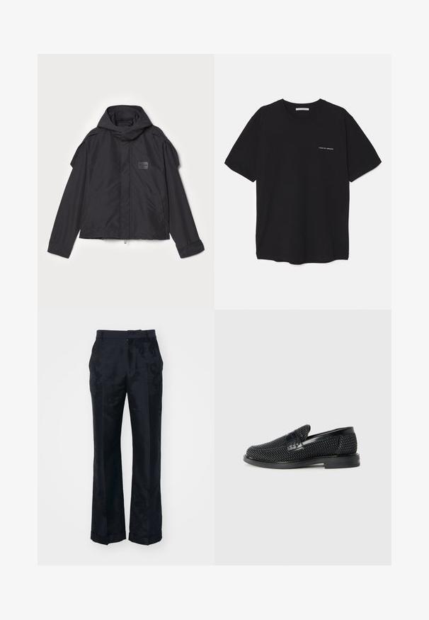 Melna jaka ar kapuci, izgatavota no gludas auduma. Aprīkota ar rāvējslēdzēju priekšā, sānu kabatām un plecu akcentiem. Vienkāršs dizains ar etiķeti.; Melnas kokvilnas T-krekls ar apaļu kaklu, īsām piedurknēm un baltu logotipa uzdruku kreisajā krūtī. Vienkāršs, vienkrāsains dizains.; Melni, plata kāju bikses ar subtīlu ziedu tekstūru, gludu audumu un salocītām malām. Veidotas ar standarta jostasvietu un plakanu priekšpusi.; Melnas austas slaidu kurpes ar gludu ādas akcentu augšpusē, apaļas formas purngalu un zemas profila gumijas zoli.