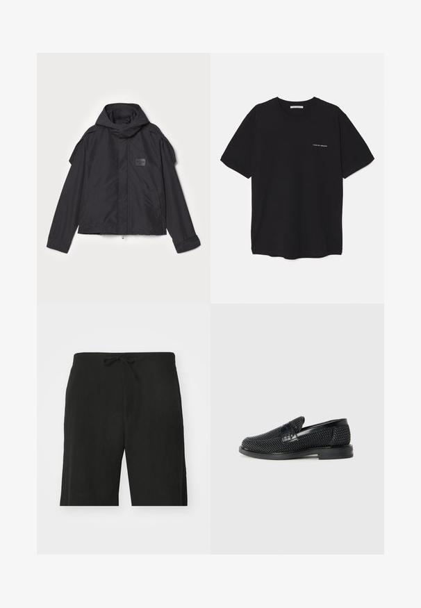 Black jacket with a hood, made of smooth fabric. Features a zip front, side pockets, and shoulder accents. Simple design with a label.; Black cotton T-shirt with a crew neck, short sleeves, and a white logo print on the left chest. Simple, solid color design.; Black linen shorts with a drawstring waist, featuring a relaxed fit and knee-length design. Smooth texture, simple and classic style.; Black woven slip-on shoe with a smooth leather accent on the upper, a round toe design, and a low-profile rubber sole.