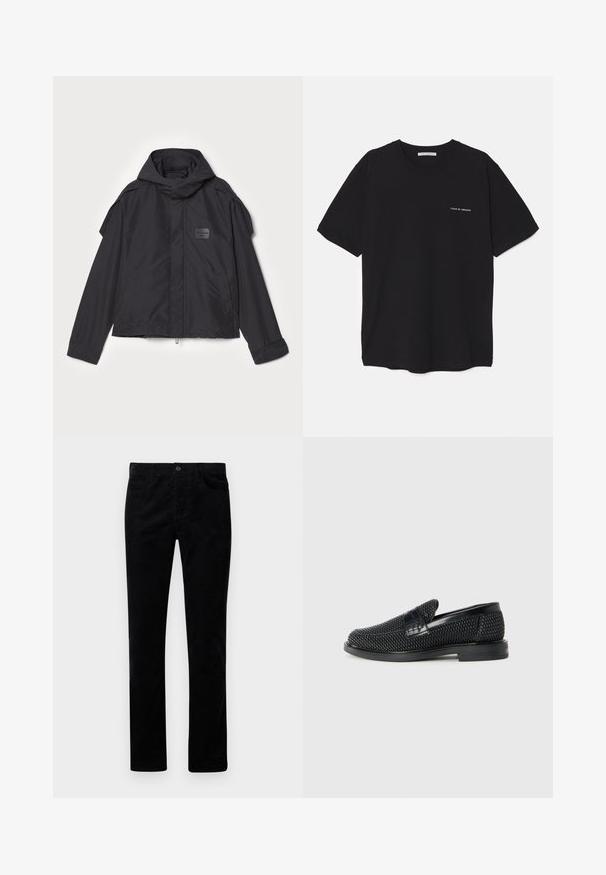 Black jacket with a hood, made of smooth fabric. Features a zip front, side pockets, and shoulder accents. Simple design with a label.; Black cotton T-shirt with a crew neck, short sleeves, and a white logo print on the left chest. Simple, solid color design.; Black corduroy pants with a straight-leg design, featuring front pockets and a metal button closure. Soft texture with vertical ribbing.; Black woven slip-on shoe with a smooth leather accent on the upper, a round toe design, and a low-profile rubber sole.