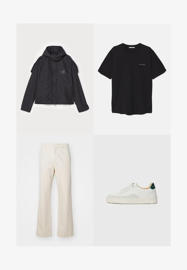 Fekete kapucnis dzseki, sima anyagból készült. Elöl zipzárral záródik, oldalsó zsebekkel és vállrész kiemelésekkel rendelkezik. Egyszerű dizájn jellemzi, címkével.; Fekete pamut T-shirt kerek nyakkivágással, rövid ujjakkal, és fehér logónyomattal a bal mellrészen. Egyszerű, egyszínű dizájn.; Beige pamut nadrág egyenes szárú kialakítással, elöl cipzárral és gombos záródással, sima textúrával és minimalista stílussal.; Fehér sneaker suédé részletekkel, kerek orral, lapos fűzőkkel és krémszínű gumitalppal. Zöld logó található a sarkán.