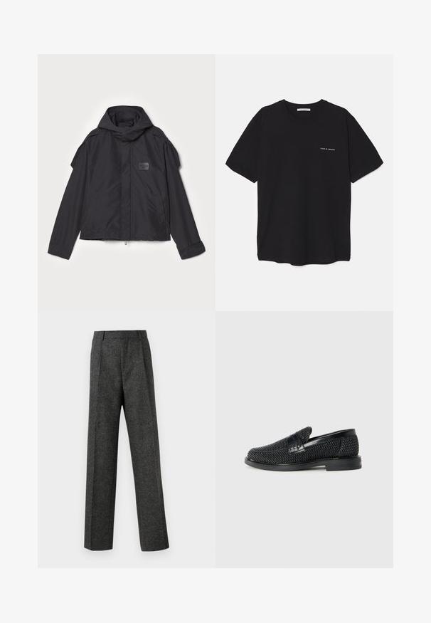 Fekete kapucnis dzseki, sima anyagból készült. Elöl zipzárral záródik, oldalsó zsebekkel és vállrész kiemelésekkel rendelkezik. Egyszerű dizájn jellemzi, címkével.; Fekete pamut T-shirt kerek nyakkivágással, rövid ujjakkal, és fehér logónyomattal a bal mellrészen. Egyszerű, egyszínű dizájn.; Szürke, texturált anyagból készült, szabott nadrág, két elülső pliszével és egyenes lábbal. Nincsenek látható zsebek vagy díszítések.; Fekete szőtt slip-on cipő sima bőr díszítéssel a felsőrészen, kerek orral és alacsony profilos gumitalppal.