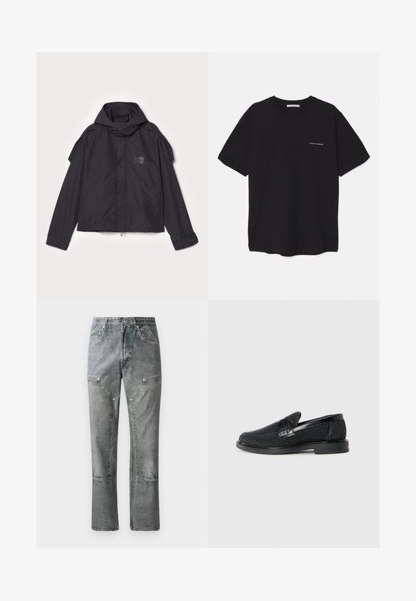 Czarna kurtka z kapturem, wykonana z gładkiego materiału. Posiada zamek z przodu, boczne kieszenie i akcenty na ramionach. Prosty design z metką.; Czarny bawełniany T-shirt z okrągłym dekoltem, krótkimi rękawami i białym nadrukiem logo na lewej piersi. Prosty, jednolity kolor.; Szare dżinsy o prostym kroju, z przednimi kieszeniami, widocznymi szwami i wyblakłym wykończeniem. Materiał ma gładką fakturę.; Czarny, pleciony but wsuwany z gładkim skórzanym akcentem na cholewce, o okrągłym nosku i niskoprofilowej gumowej podeszwie.