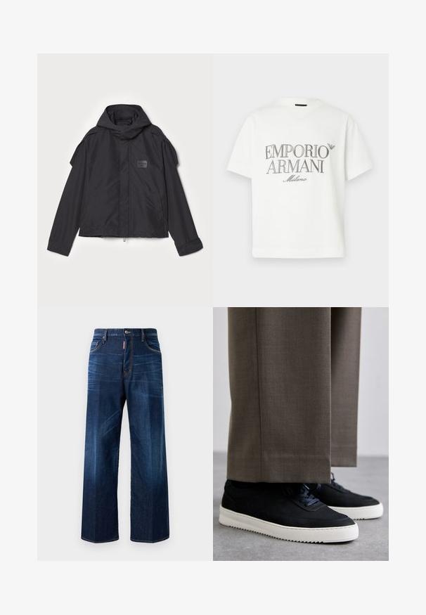 Melna jaka ar kapuci, izgatavota no gludas auduma. Aprīkota ar rāvējslēdzēju priekšā, sānu kabatām un plecu akcentiem. Vienkāršs dizains ar etiķeti.; Balta kokvilnas T-krekls ar lielu pelēku "Emporio Armani Milano" logotipu priekšpusē un mazu logotipu augšējā kreisajā pusē.; Tumši zili džinsi ar brīvu piegriezumu, platajām kājām un nedaudz izbalējušu izskatu. Satur izšūtus detalizējumus un apavu tagu pie jostasvietas.; Melni zamšaini sporta apavi ar baltām gumijas zolēm, ar noapaļotu purngalu un auklām, valkāti ar pelēkiem piegrieztiem biksēm.