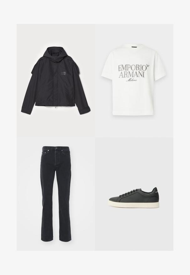 Μαύρο μπουφάν με κουκούλα, κατασκευασμένο από λεία ύφανση. Διαθέτει φερμουάρ μπροστά, πλάγιες τσέπες και διακρίσεις στους ώμους. Απλός σχεδιασμός με ετικέτα.; Λευκό βαμβακερό T-shirt με μεγάλο γκρι λογότυπο "Emporio Armani Milano" στο μπροστινό μέρος και μικρό λογότυπο στο πάνω αριστερό μέρος.; Μαύρα τζιν παντελόνια με ίσια γραμμή, διαθέτουν πέντε τσέπες και κούμπωμα με κουμπί. Το ύφασμα έχει υπολεπτό υφή και ανθεκτική φινέτσα.; Μαύρο δερμάτινο αθλητικό παπούτσι με χαμηλό προφίλ, στρογγυλή μύτη και κλείσιμο με κορδόνια. Διαθέτει υφή ελαστική σόλα και λεπτομέρεια λογότυπου στη φτέρνα.