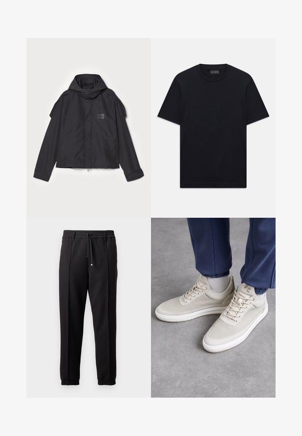 Schwarze Jacke mit Kapuze, aus glattem Stoff. Verfügt über einen Reißverschluss vorne, seitliche Taschen und Schulterakzente. Einfaches Design mit einem Etikett.; Schwarzes T-Shirt mit kurzem Arm und Rundhalsausschnitt, mit dezentem, erhabenem Logodesign in der Mitte der Brust und einem Markenetikett im Kragen.; Schwarze Hose mit einem Bund, Kordelzug und elastischen Bündchen. Sie verfügt über Plissees und einen glatten, strukturierten Stoff.; Beiger Sneaker aus strukturiertem Material, runde Zehenform, mit Schnürsenkeln und minimalistischem Design. Weiße Sohle mit hellbraunen Akzenten. Trägt man zu navy Jogginghosen.