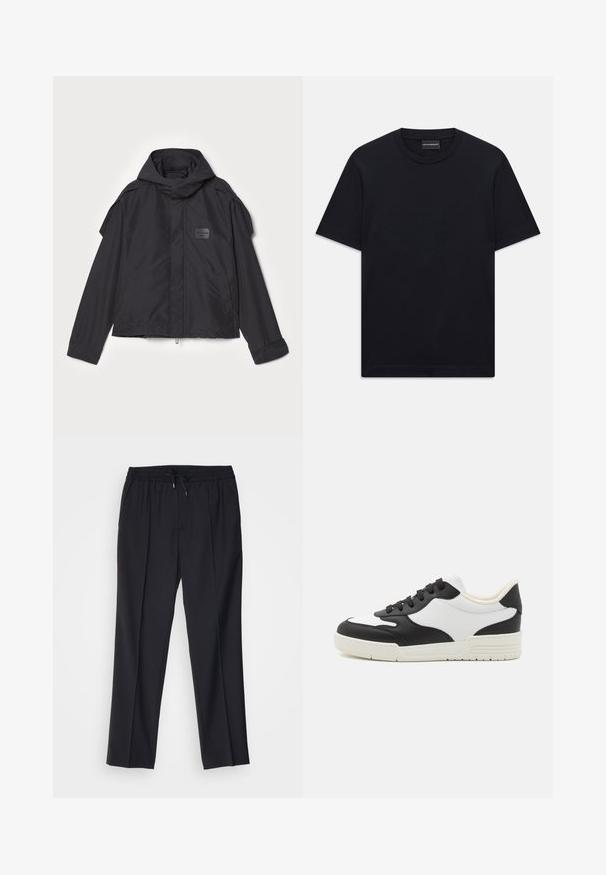 Mustatakki hupulla, valmistettu sileästä kankaasta. Ominaisuuksiin kuuluu vetoketjukiinnitys edessä, sivutaskut ja olkakorostukset. Yksinkertainen muotoilu, jossa on etiketti.; Mustassa lyhythihaisessa crew neck -t-paidassa on hienovaraisesti kohokuvioitu logomuotoilu rinnassa ja merkkilappu kauluksessa.; sandro ALPHA - Chinot - noir; Mustat ja valkoiset lenkkitossut, joissa on sileä nahkainen päällinen, pyöristetty kärki ja tasainen kumipohja. Varustettu mustilla nauhoilla ja pehmeällä sisävuorella.