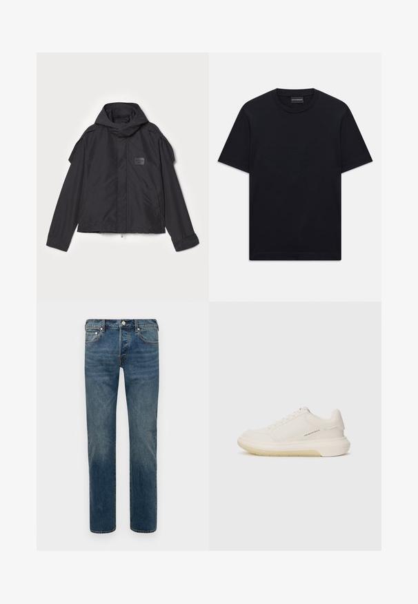 Melna jaka ar kapuci, izgatavota no gludas auduma. Aprīkota ar rāvējslēdzēju priekšā, sānu kabatām un plecu akcentiem. Vienkāršs dizains ar etiķeti.; Melnas īsām piedurknēm T-krekls ar apaļu kakla izgriezumu, ar smalku iepresētu logotipa dizainu krūšu centrā un zīmola etiķeti apakšā kaklā.; PS Paul Smith MENS STANDARD - Džinsi ar taisnām starām - blue; Baltas sporta apavi ar gludu ādas augšdaļu, noapaļotu purngali un biezu gumijas zolēm. Iezīmē minimālu dūri un diskrētu logo detaļu sānos.