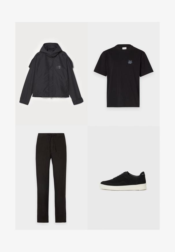 Mustatakki hupulla, valmistettu sileästä kankaasta. Ominaisuuksiin kuuluu vetoketjukiinnitys edessä, sivutaskut ja olkakorostukset. Yksinkertainen muotoilu, jossa on etiketti.; Mustikka puuvillapaita, jossa on pyöreä kaula-aukko ja lyhyet hihat. Vasemmassa rinnassa pieni sininen logo. Yksinkertainen, suora leikkaus.; Mustat pellavahousut, joissa on naruvyötärö, suorat lahkeet ja sileä pinta. Yksinkertainen muotoilu, ei näkyviä kuvioita tai tarvikkeita.; Mustat mokkakengät nauhoilla ja kontrastivalkoisella kumipohjalla. Varustettu teksturoiduilla sivupaneeleilla ja huomaamattomalla brändäyksellä kantapäässä.