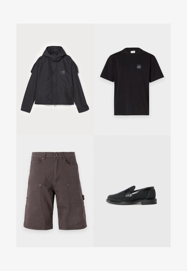 Čierna bunda s kapucňou, vyrobená z hladkej tkaniny. Obsahuje predný zips, bočné vrecká a ramenné akcenty. Jednoduchý dizajn so štítkom.; Čierne bavlnené tričko s okrúhlym výstrihom a krátkymi rukávmi. Obsahuje malú modrú nášivku na ľavej hrudi. Jednoduchý, rovný strih.; Tmavo šedé cargo šortky vyrobené z bavlny, s prednými vreckami, bočnými cargo vreckami, zapínaním na gombík a detailným šitím na nohaviciach.; Čierne tkané slip-on topánky s hladkým koženým akcentom na vrchnej časti, s okrúlym dizajnom špičky a nízkoprofilovou gumovou podrážkou.