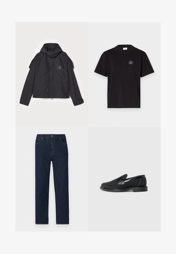 Musthaveheide mustaghuri hoodiga, valge catsosta. Omab esist zip ja külge taskud, õlavarre aksendid. Lihtne disain ja silt.; Must mustaga T-särk, millel on ümar kaelus ja lühikesed varrukad. Vasakul rinnal on väike sinine logo. Lihtne, sirge lõikega disain.; Tumedat sinised denim püksid sirge lõikega, viie-tasku disainiga ja nähtava õmblusega. Vööl on nupuga kinni kinnitamine.; Must musta kootud slip-on king, millel on pehme nahast accent ülaserval, ümmargune varvas ja madal profiiliga kummitald.