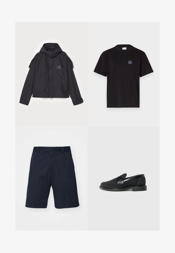 Juodas švarkas su kapišonu, pagamintas iš lygios medžiagos. Yra užtrauktukas priekyje, šoninės kišenės ir pečių akcentai. Paprastas dizainas su etikete.; Juodas medvilninis marškinėliai su apvalia kaklo iškirpte ir trumpomis rankovėmis. Yra mažas mėlynas logotipas ant kairiojo krūtinės. Paprastas, tiesus kirpimas.; Juodi šortai, pagaminti iš lygaus audinio, turi plokščią priekį, diržo kilpas ir iki kelių siekiančią apykaklės dizainą, be matomų raštų ar aparatūros.; Juodas pintas slip-on tipo batelis su lygiu odiniu akcentu viršuje, apvalios nosies dizainas ir žemas guminis padas.