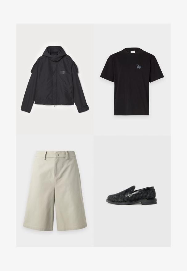 Melna jaka ar kapuci, izgatavota no gludas auduma. Aprīkota ar rāvējslēdzēju priekšā, sānu kabatām un plecu akcentiem. Vienkāršs dizains ar etiķeti.; Melna kokvilnas T-kreklu ar apaļu kaklu un īsām piedurknēm. Saturs mazu zilu logotipu kreisajā krūtī. Vienkāršs, taisns griezums.; Gai bēškrāsas šorti, kas izgatavoti no kokvilnas, ar taisnu griezumu, priekšējām kabatām, pogu aizdari un gludu tekstūru.; Melnas austas slaidu kurpes ar gludu ādas akcentu augšpusē, apaļas formas purngalu un zemas profila gumijas zoli.