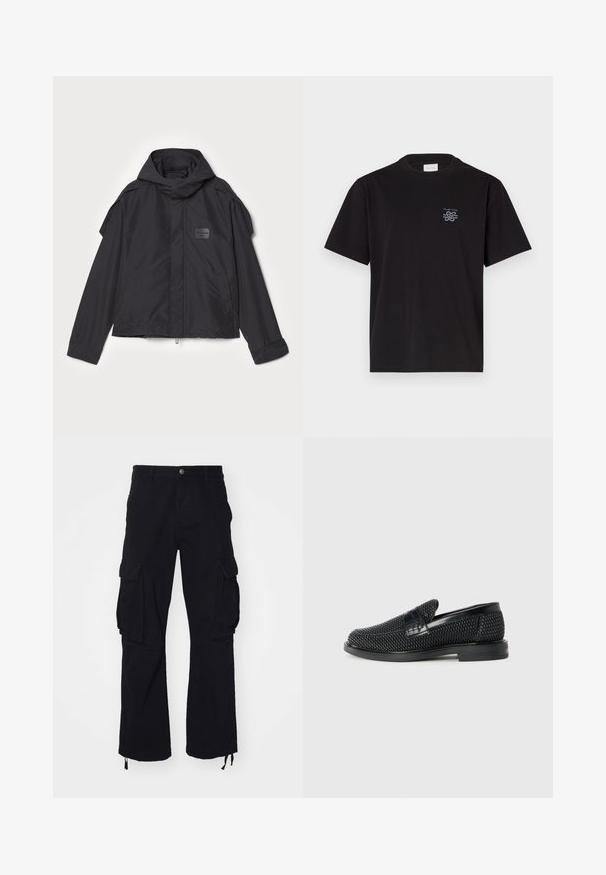 Mustatakki hupulla, valmistettu sileästä kankaasta. Ominaisuuksiin kuuluu vetoketjukiinnitys edessä, sivutaskut ja olkakorostukset. Yksinkertainen muotoilu, jossa on etiketti.; Mustikka puuvillapaita, jossa on pyöreä kaula-aukko ja lyhyet hihat. Vasemmassa rinnassa pieni sininen logo. Yksinkertainen, suora leikkaus.; Mustat cargo-housut, jotka on valmistettu puuvillasta ja joissa on kaksi suurta sivutaskua, nyöritettävät helmät ja suorajalkaiset malli.; Musta kudottu liukupohjallinen kenka, jossa on sileä nahkakorostus päällisessä, pyöreä kärki ja matala kumipohja.