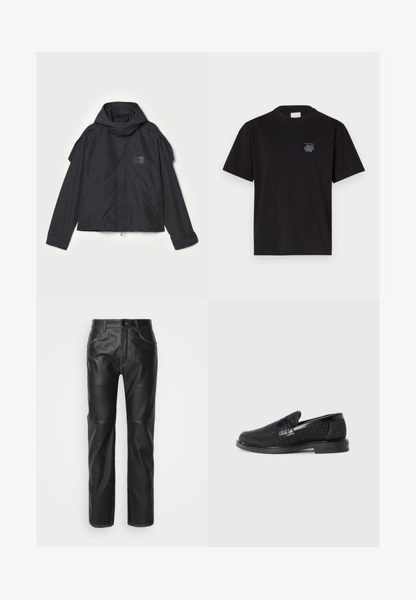 Mustatakki hupulla, valmistettu sileästä kankaasta. Ominaisuuksiin kuuluu vetoketjukiinnitys edessä, sivutaskut ja olkakorostukset. Yksinkertainen muotoilu, jossa on etiketti.; Mustikka puuvillapaita, jossa on pyöreä kaula-aukko ja lyhyet hihat. Vasemmassa rinnassa pieni sininen logo. Yksinkertainen, suora leikkaus.; 032c UMA TROUSERS - Nahkahousut - black; Musta kudottu liukupohjallinen kenka, jossa on sileä nahkakorostus päällisessä, pyöreä kärki ja matala kumipohja.