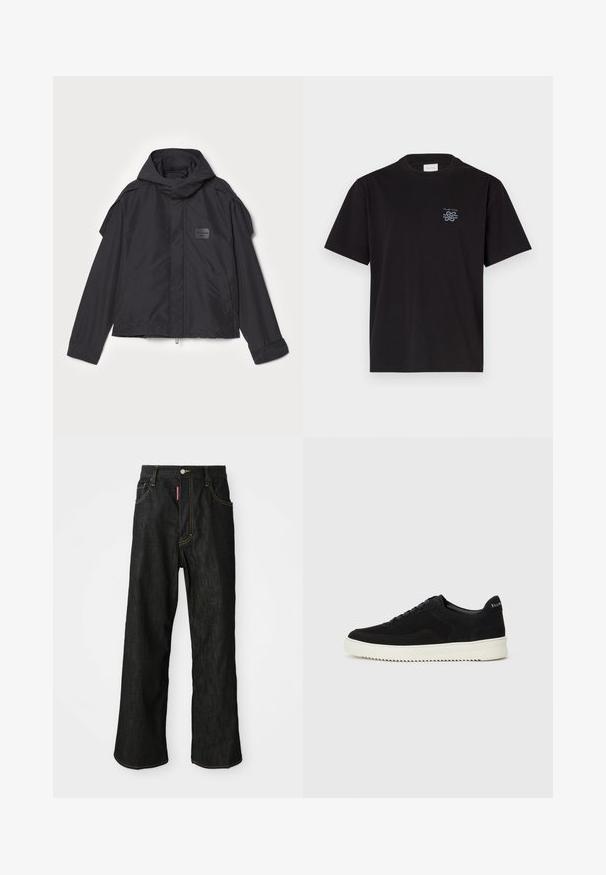 Melna jaka ar kapuci, izgatavota no gludas auduma. Aprīkota ar rāvējslēdzēju priekšā, sānu kabatām un plecu akcentiem. Vienkāršs dizains ar etiķeti.; Melna kokvilnas T-kreklu ar apaļu kaklu un īsām piedurknēm. Saturs mazu zilu logotipu kreisajā krūtī. Vienkāršs, taisns griezums.; Melnas taisnas kājas džinsas ar dzeltenu šuvumu, piecu kabatu dizains, pogu aizdare un mazs sarkans birka priekšējā labajā kabatā.; Melnas zamšas kedas ar auklām un kontrastējošu baltu gumijas zoli. Iekļauj teksturētas sānu panēles un diskretu zīmolu uz papēža.