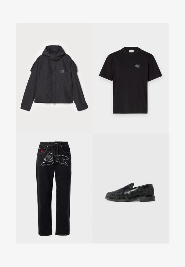 Mustatakki hupulla, valmistettu sileästä kankaasta. Ominaisuuksiin kuuluu vetoketjukiinnitys edessä, sivutaskut ja olkakorostukset. Yksinkertainen muotoilu, jossa on etiketti.; Mustikka puuvillapaita, jossa on pyöreä kaula-aukko ja lyhyet hihat. Vasemmassa rinnassa pieni sininen logo. Yksinkertainen, suora leikkaus.; Mustat farkut suoran lahkeen muotoilulla, joissa on hopeisia koristeluita kuviollisesti, kontrastivärinen ommellus ja logotagi taskussa.; Musta kudottu liukupohjallinen kenka, jossa on sileä nahkakorostus päällisessä, pyöreä kärki ja matala kumipohja.