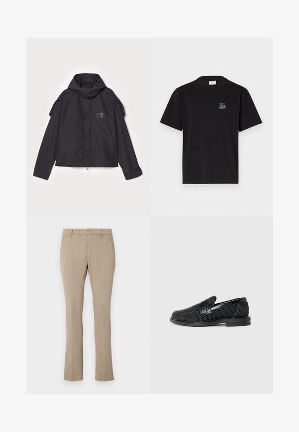 Čierna bunda s kapucňou, vyrobená z hladkej tkaniny. Obsahuje predný zips, bočné vrecká a ramenné akcenty. Jednoduchý dizajn so štítkom.; Čierne bavlnené tričko s okrúhlym výstrihom a krátkymi rukávmi. Obsahuje malú modrú nášivku na ľavej hrudi. Jednoduchý, rovný strih.; Béžové nohavice vyrobené z bavlneného zmesi, s úzkym strihom, rovnými nohavicami, prednými vreckami a s zipsom a gombíkovým zapínaním.; Čierne tkané slip-on topánky s hladkým koženým akcentom na vrchnej časti, s okrúlym dizajnom špičky a nízkoprofilovou gumovou podrážkou.