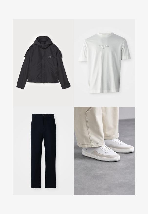 Mustatakki hupulla, valmistettu sileästä kankaasta. Ominaisuuksiin kuuluu vetoketjukiinnitys edessä, sivutaskut ja olkakorostukset. Yksinkertainen muotoilu, jossa on etiketti.; Valkoinen lyhythihainen T-paita, jossa on rinnan keskellä ”EMPORIO ARMANI MILANO” -logo hienovaraisella kohotetulla tekstillä.; Tummansinisiä puuvillapantaloonia, joissa on suora lahjemuotoilu, etupainikekiinnitys ja klassinen vyötärö vyölenkeillä.; Valkoiset lenkkarit, joissa on sileä nahka-ainesosa, vaaleat mokka-yksityiskohdat, tasaiset nauhat ja teksturoitu kumipohja, yhdistettynä vaaleisiin leveisiin housuihin.