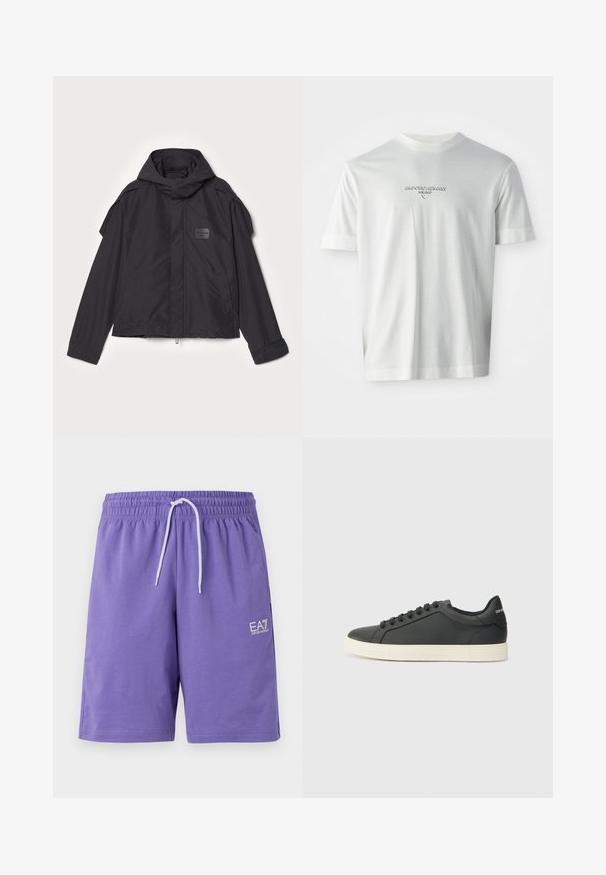 Juodas švarkas su kapišonu, pagamintas iš lygios medžiagos. Yra užtrauktukas priekyje, šoninės kišenės ir pečių akcentai. Paprastas dizainas su etikete.; Balta trumpa rankovėmis marškinėliai su subtiliais iškiliais rašmenimis krūtinėje "EMPORIO ARMANI MILANO" logotipu.; Violetiniai šortai pagaminti iš minkštos medžiagos, turintys elastingą juosmenį su baltu raišteliu ir mažą baltą logotipą priekyje.; Juodos odinės sportinės bateliai su žemu profiliu, apvaliu pirštu ir raištelių uždarymu; turi tekstūruotą guminį padą ir logotipo detalę ant kulno.