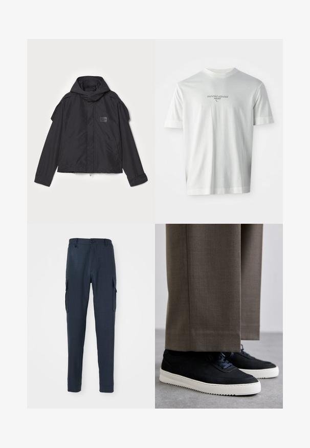 Juodas švarkas su kapišonu, pagamintas iš lygios medžiagos. Yra užtrauktukas priekyje, šoninės kišenės ir pečių akcentai. Paprastas dizainas su etikete.; Balta trumpa rankovėmis marškinėliai su subtiliais iškiliais rašmenimis krūtinėje "EMPORIO ARMANI MILANO" logotipu.; Jūrų laivyno krovininiai džinsai su tekstūruotu audiniu, siauras kirpimas, mygtuko uždarymas liemens srityje ir šoniniai kišeniai papildomai funkcionalumui.; Juodi zomšiniai sportbačiai su baltais guminiais padais, su apvalia nosimi ir raišteliais, dėvimi su pilkais pritaikytais kelnais.