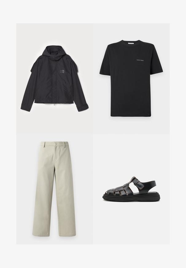 Fekete kapucnis dzseki, sima anyagból készült. Elöl zipzárral záródik, oldalsó zsebekkel és vállrész kiemelésekkel rendelkezik. Egyszerű dizájn jellemzi, címkével.; Fekete pamut póló kerek nyakkivágással, rövid ujjakkal és egy kis fehér "TIGER OF SWEDEN" logóval a mellkasán. Klasszikus fazon.; Han Kjøbenhavn WIDE LEG - Nadrágok - light grey; Fekete bőr szandál, amely szőtt mintával rendelkezik, állítható pántokkal, fémes díszítésekkel és vastag fekete talppal a stabilitás érdekében.