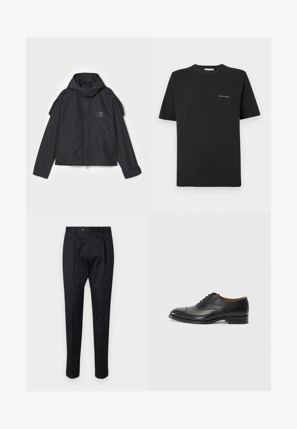 Fekete kapucnis dzseki, sima anyagból készült. Elöl zipzárral záródik, oldalsó zsebekkel és vállrész kiemelésekkel rendelkezik. Egyszerű dizájn jellemzi, címkével.; Fekete pamut póló kerek nyakkivágással, rövid ujjakkal és egy kis fehér "TIGER OF SWEDEN" logóval a mellkasán. Klasszikus fazon.; Fekete nadrág sima anyagból, elöl hajtással, gombos záródással és felgöngyölt szárakkal a bokánál.; Fekete bőr dress cipő sima felülettel, lekerekített orral, öt fűzőlyukkal és alacsony blokksarkal. Minimalista dizájn, finom varrásokkal.